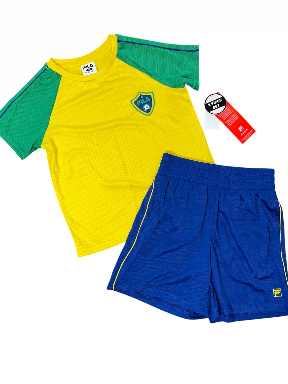 Fila Crest Soccer Set Shorts Short Sleeve Shirt Yellow Green Blue NWT Boys 5/6